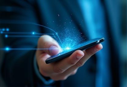 Hand holding a smartphone connected to a network